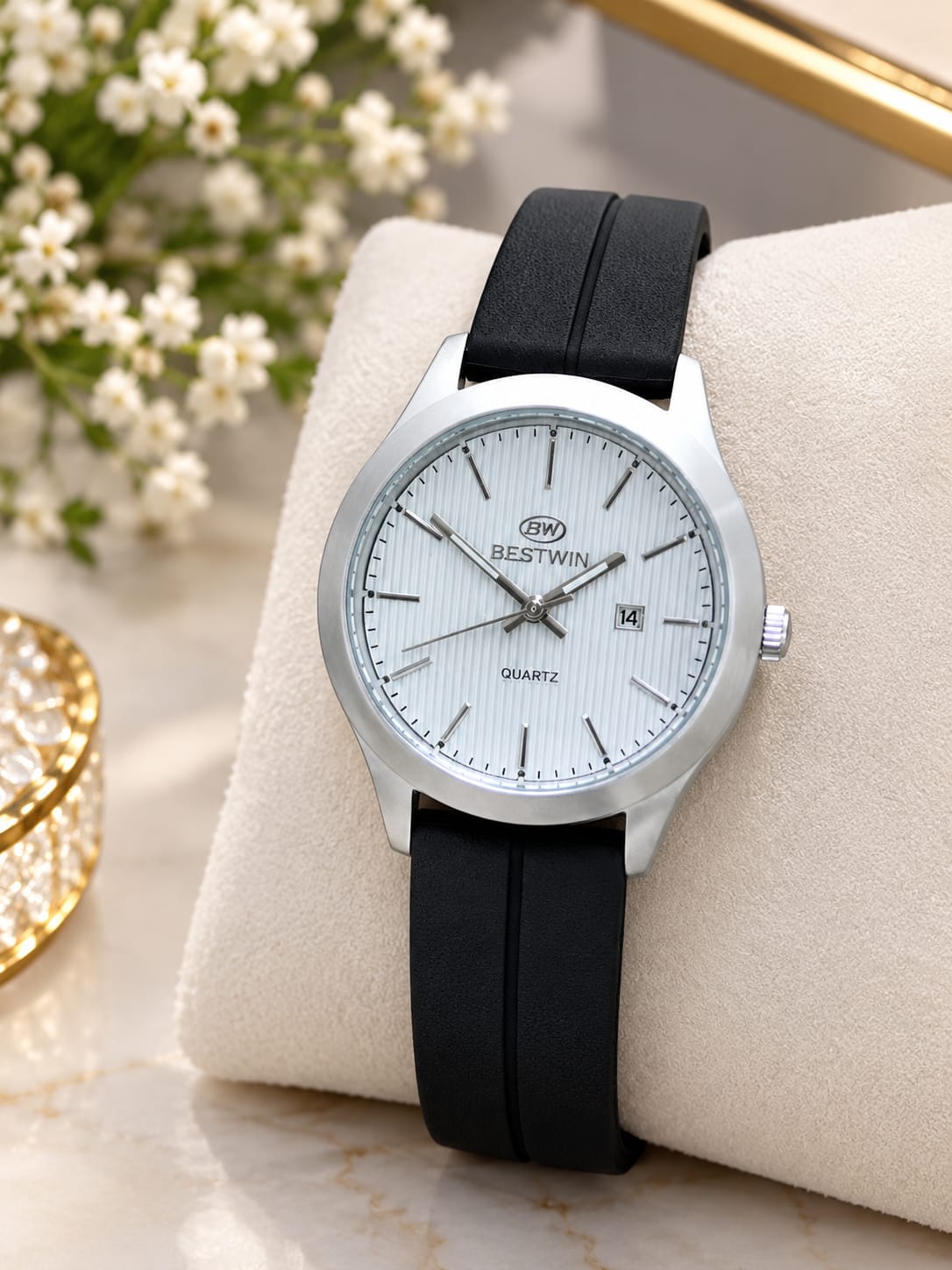 BESTWIN Women's Silver Dial Black Strap Quartz Wrist Watch
